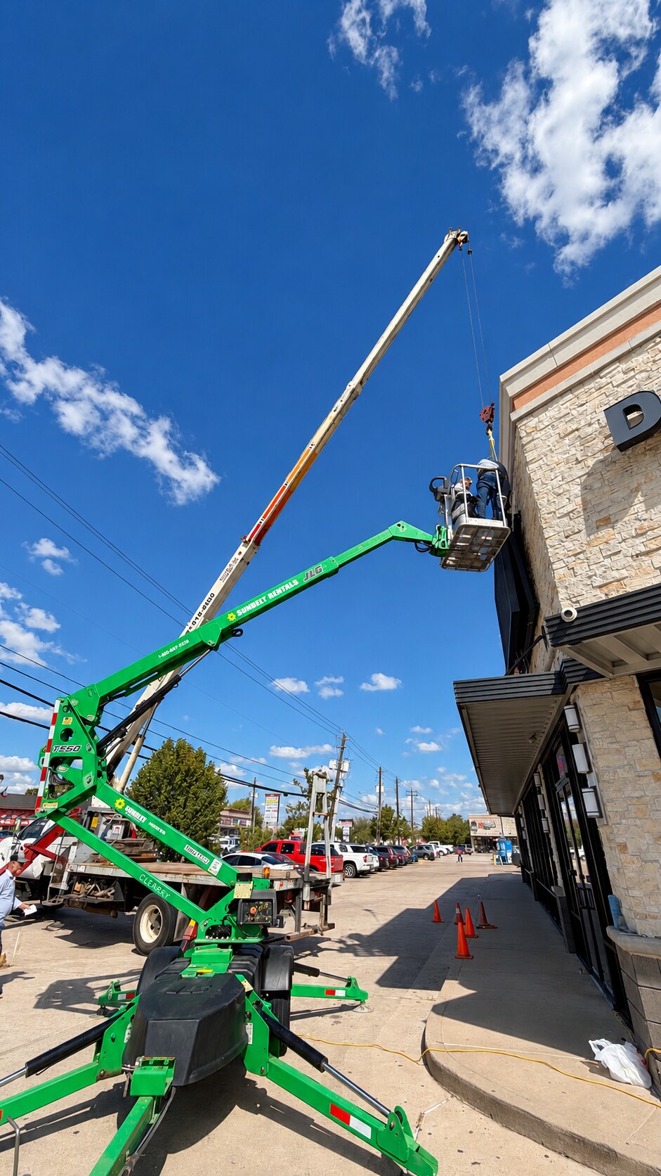 Crane and lift during exterior display installation